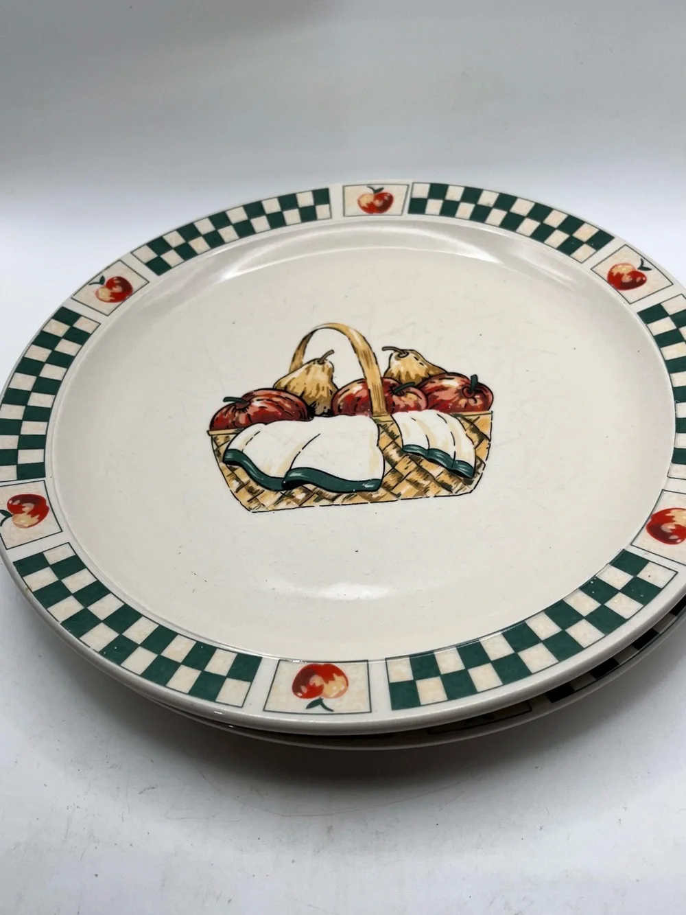 Gibson Cream Dinner Plate with Green Check Rim and Fruit Basket
